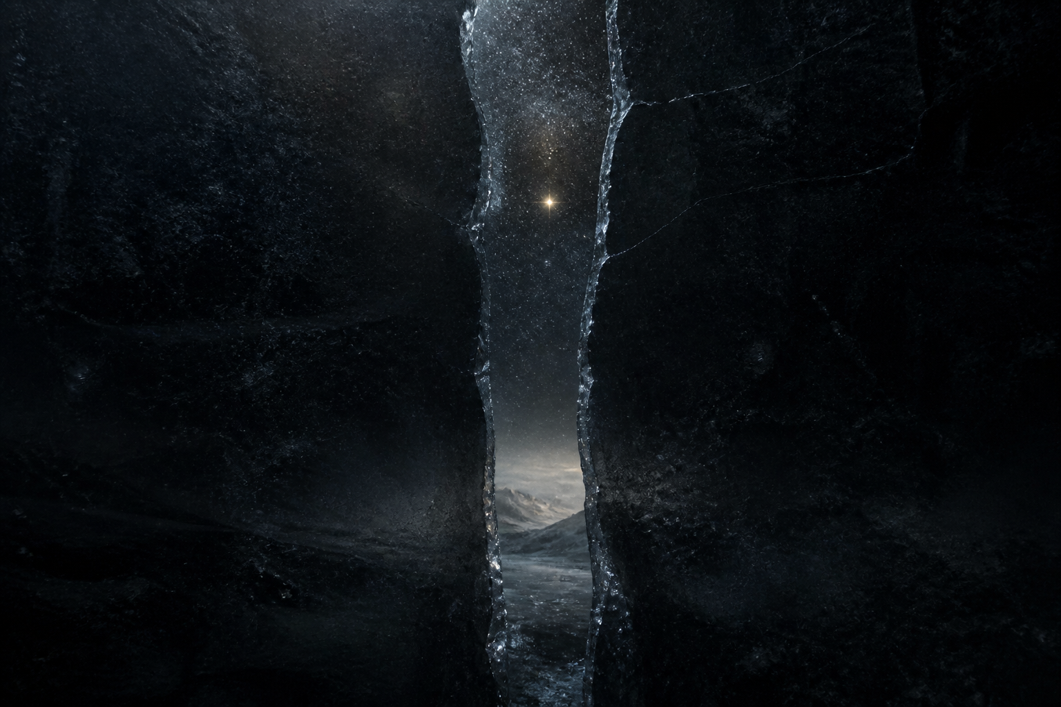 A thin fracture in dark ice revealing a colder, slightly wrong night sky