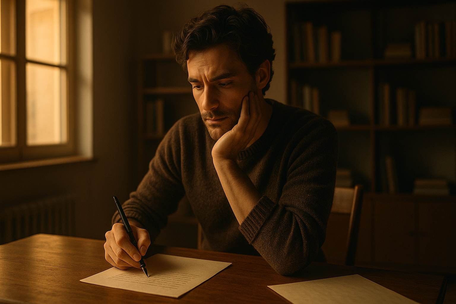 Writer contemplating their unique voice at a desk with a pen